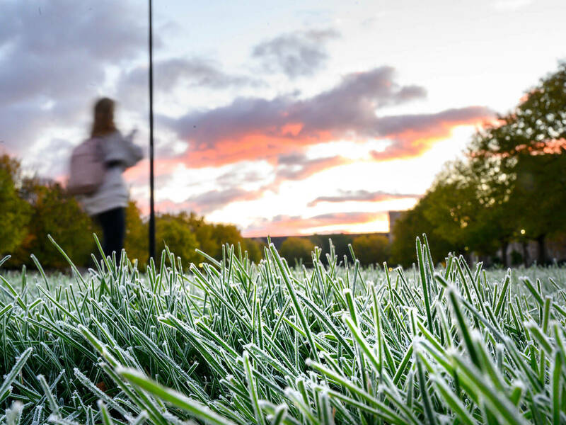 Early morning frosty grass with out of focus student in background